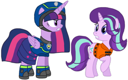Size: 1350x845 | Tagged: safe, artist:徐詩珮, starlight glimmer, twilight sparkle, alicorn, pony, series:sprglitemplight diary, series:sprglitemplight life jacket days, series:springshadowdrops diary, series:springshadowdrops life jacket days, g4, alternate universe, angry, base used, chase (paw patrol), clothes, female, lifejacket, paw patrol, simple background, spy chase (paw patrol), transparent background, twilight sparkle (alicorn)