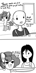 Size: 2250x4500 | Tagged: safe, artist:tjpones edits, edit, oc, oc only, oc:brownie bun, oc:richard, earth pony, human, pony, horse wife, bag, bald, comic, dialogue, female, friday the 13th, hockey mask, jason voorhees, jewelry, machete, male, mask, monochrome, necklace, pearl necklace, saddle bag, simple background, white background
