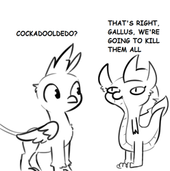Size: 731x736 | Tagged: safe, artist:tjpones edits, edit, gallus, smolder, dragon, griffon, g4, duo, female, gallus the rooster, implied murder, male, monochrome, simple background, this will end in death, this will end in murder, this will end in tears, this will end in tears and/or death, white background