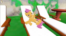 Size: 1024x575 | Tagged: safe, artist:undeadponysoldier, scootaloo, pegasus, pony, g4, 3d, beach chair, chillaxing, crossover, delfino plaza, female, filly, gmod, isle delfino, lidded eyes, lying down, relaxed, relaxing, smiling, solo, super mario sunshine, table