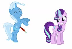 Size: 1024x699 | Tagged: safe, artist:diana173076, starlight glimmer, trixie, g4, big grin, cute, cutie mark, daaaaaaaaaaaw, diatrixes, digital art, feather, glimmerbetes, grin, hind hooves, implied shipping, laughing, magic, simple background, smiling, tickling, ticklish tummy, white background