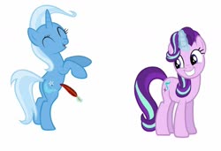 Size: 1024x699 | Tagged: safe, artist:diana173076, starlight glimmer, trixie, g4, big grin, cute, cutie mark, daaaaaaaaaaaw, diatrixes, digital art, eyes closed, feather, glimmerbetes, grin, hind hooves, implied shipping, laughing, magic, simple background, smiling, tickling, ticklish tummy, white background