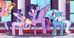 Size: 1999x1025 | Tagged: safe, artist:mixelfangirl100, luster dawn, starlight glimmer, trixie, twilight sparkle, alicorn, pony, unicorn, g4, blushing, bouquet, female, flower, glowing horn, grin, horn, lesbian, levitation, magic, mare, polyamory, raised hoof, ship:lusterlight, ship:startrix, ship:twistarlight, ship:twixie, shipping, smiling, starlusterlightixie, telekinesis, twilight is a foal fiddler, twilight sparkle (alicorn), twilight sparkle gets all the mares, unshorn fetlocks