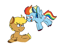 Size: 1024x768 | Tagged: safe, quibble pants, rainbow dash, g4, backwards cutie mark, blonde mane, cloven hooves, colored, colored pupils, simple background