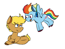 Size: 1024x768 | Tagged: safe, quibble pants, rainbow dash, earth pony, pegasus, pony, g4, backwards cutie mark, blonde mane, cloven hooves, colored, colored hooves, colored pupils, older, older rainbow dash, simple background