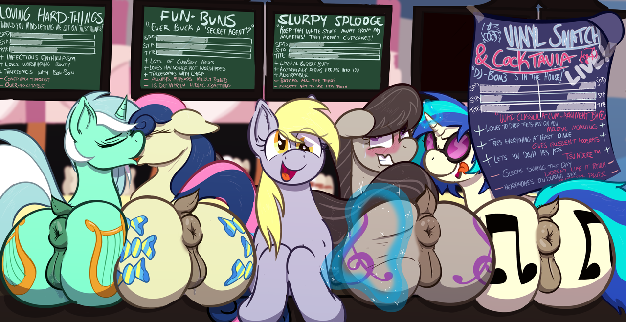 2297649 - explicit, artist:poneboning, bon bon, derpy hooves, dj pon-3,  lyra heartstrings, octavia melody, sweetie drops, vinyl scratch, earth  pony, pegasus, pony, unicorn, g4, anatomically correct, anus, assisted  exposure, blushing, both cutie