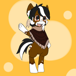 Size: 750x750 | Tagged: safe, alternate version, artist:taletrotter, oc, oc:mellow mallow, earth pony, semi-anthro, arm hooves, clothes, concept art, digital art, femboy, food, freckles, male, marshmallow, poncho, simple background, smiling, standing pony
