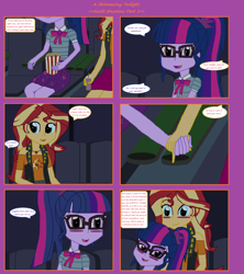 Size: 1808x2039 | Tagged: safe, artist:thomaszoey3000, sci-twi, sunset shimmer, twilight sparkle, human, comic:a shimmering twilight, equestria girls, g4, my little pony equestria girls: better together, blushing, comic, cute, female, food, geode of empathy, geode of telekinesis, hand, lesbian, magical geodes, popcorn, ship:sci-twishimmer, ship:sunsetsparkle, shipping