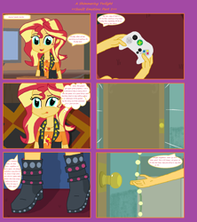 Size: 1808x2039 | Tagged: safe, artist:thomaszoey3000, sunset shimmer, human, comic:a shimmering twilight, equestria girls, equestria girls series, g4, clothes, door, equestrian, female, for celestia's sake, hand, implied princess celestia, implied rainbow dash, shoes, solo, xbox 360