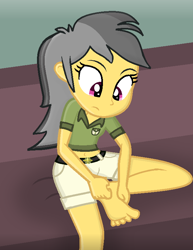 Size: 600x779 | Tagged: safe, artist:grapefruitface1, daring do, equestria girls, g4, barefoot, belly button, belt, clothes, feet, female, midriff, raised leg, scratching, show accurate, sitting, solo