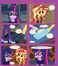 Size: 1808x2039 | Tagged: safe, artist:thomaszoey3000, sci-twi, sunset shimmer, twilight sparkle, human, comic:a shimmering twilight, equestria girls, g4, my little pony equestria girls: better together, twilight under the stars, clothes, crying, female, geode of empathy, hand, implied rainbow dash, implied shipping, implied straight, implied timber spruce, implied timbertwi, lesbian, magical geodes, sad, ship:sci-twishimmer, ship:sunsetsparkle, shipping, shoes, tissue