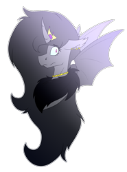 Size: 1362x1845 | Tagged: safe, artist:chazmazda, oc, oc only, oc:silhouette, bat pony, pony, bat wings, chest fluff, commission, commissions open, crown, digital art, ear piercing, earring, fluffy, hightlights, horn, jewelry, long hair, necklace, piercing, regalia, scared, shade, shading, shine, simple background, solo, transparent background, wings, your character here
