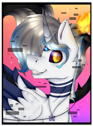 Size: 1680x2268 | Tagged: safe, artist:chazmazda, oc, oc only, oc:atlas, alicorn, demon, pony, colored, colored wings, commission, commissions open, digital art, error, fangs, fire, flat colors, floral necklace, glitch, gradient background, gradient horn, gradient mane, gradient tail, gradient wings, happy, horn, horns, jewelry, markings, necklace, oultine, profile, profile picture, shade, smiling, solo, third eye, three eyes, three tails, wings