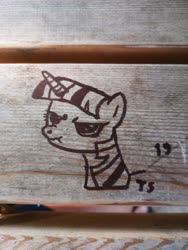 Size: 3464x4618 | Tagged: safe, artist:porschepegasus, twilight sparkle, pony, unicorn, g4, angry, bust, lineart, marker, marker drawing, marker on wood, photo, scrunchy face, traditional art, vandalism, wood