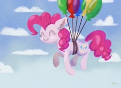 Size: 4500x3300 | Tagged: safe, artist:catscratchpaper, pinkie pie, earth pony, pony, g4, balloon, cloud, cute, diapinkes, eyes closed, female, floating, mare, sky, smiling, solo, then watch her balloons lift her up to the sky