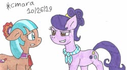 Size: 1280x704 | Tagged: safe, artist:cmara, coco pommel, suri polomare, earth pony, pony, g4, evil smile, female, grin, mare, scared, simple background, smiling, traditional art, white background, worried