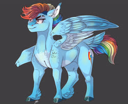 Size: 3846x3120 | Tagged: safe, artist:morning-bird, rainbow dash, pegasus, pony, g4, feathered fetlocks, female, gray background, high res, redesign, scrunchy face, signature, simple background, solo, tail feathers