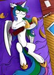 Size: 600x835 | Tagged: safe, artist:rapid9, princess celestia, pony, g4, bed, bedroom, bolt-action rifle, crown, female, frazzled, gun, hoof shoes, jewelry, mauser 98k, messy mane, peytral, regalia, rifle, shrunken pupils, solo, stressed, tired, weapon