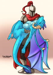 Size: 1280x1811 | Tagged: safe, artist:roemesquita, princess ember, dragon, human, anthro, g4, abduction, armor, breasts, bridal carry, busty princess ember, carrying, commission, deviantart watermark, dragoness, eyes closed, featureless breasts, female, kidnapped, knight, male, obtrusive watermark, signature, simple background, watermark, wrong damsel