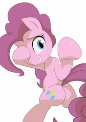 Size: 1019x1446 | Tagged: safe, artist:baigak, pinkie pie, earth pony, semi-anthro, g4, arm hooves, balloonbutt, butt, female, looking at you, looking back, looking back at you, mare, peekaboo, plot, smiling, solo