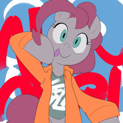 Size: 750x750 | Tagged: safe, artist:baigak, pinkie pie, earth pony, semi-anthro, g4, arm hooves, clothes, cute, diapinkes, female, jacket, looking at you, shirt, solo, tongue out