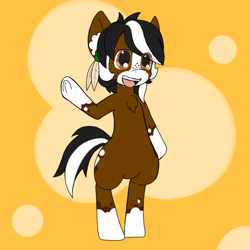 Size: 750x750 | Tagged: safe, artist:taletrotter, edit, oc, oc:mellow mallow, earth pony, semi-anthro, arm hooves, concept art, digital art, femboy, food, freckles, male, marshmallow, simple background, smiling, standing pony