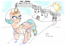 Size: 1024x725 | Tagged: safe, artist:gafelpoez, somnambula, pegasus, pony, g4, female, kashmir, led zeppelin, mare, music notes, pyramid, sheet music, solo, song reference, sun