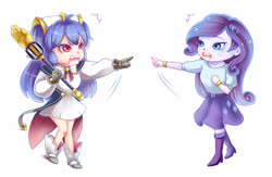 Size: 2300x1500 | Tagged: safe, artist:nikyuuchan, rarity, human, equestria girls, g4, artist in description, boots, clothes, commission, crossover, cygames, dragalia lost, estelle, high heel boots, loving hand, nintendo, open mouth, pointing, pointing rarity, shocked, shoes, simple background, skirt, tabitha st. germain, voice actor joke