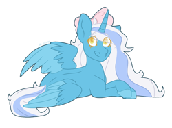 Size: 1200x899 | Tagged: safe, artist:p-kicreations, oc, oc only, oc:fleurbelle, alicorn, pony, bow, female, hair bow, mare, prone, simple background, solo, transparent background