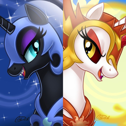 Size: 1136x1136 | Tagged: safe, artist:christadoodles, edit, daybreaker, nightmare moon, alicorn, pony, alter ego, armor, beautiful, black coat, blue eyes, bust, dark side, day, duo, duo female, ethereal mane, evil grin, eyelashes, eyeshadow, fangs, female, gem, grin, helmet, lidded eyes, looking at each other, makeup, mane of fire, mare, moon, movie accurate, night, open mouth, opposite, orange eyeshadow, portrait, purple eyeshadow, ruby, sharp teeth, siblings, side by side, signature, sisters, smiling, starry mane, sun, teeth, two sides, white coat, yellow eyes
