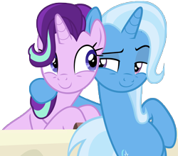 Size: 6807x6000 | Tagged: safe, artist:famousmari5, starlight glimmer, trixie, pony, unicorn, g4, road to friendship, belly, bipedal, bipedal leaning, duo, hug, leaning, lidded eyes, looking at each other, simple background, smiling, smirk, smug, snuggling, transparent background, vector