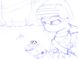 Size: 800x600 | Tagged: artist needed, safe, butterfly, pony, helmet, lineart, soldier, solo