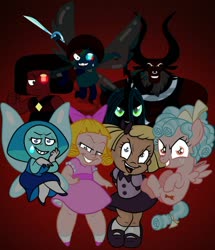 Size: 1024x1189 | Tagged: safe, artist:squipycheetah, cozy glow, lord tirek, queen chrysalis, centaur, changeling, changeling queen, gem (race), human, pegasus, pony, taur, g4, season 9, aquamarine (gemstone), aquamarine (steven universe), artificial wings, augmented, baby doll, batman the animated series, bluebird azurite (steven universe), cats don't dance, child, crossed legs, crossover, darla dimple, evil, evil grin, eyeball ruby, female, former queen chrysalis, fusion, fusion gemadox, fusion paradox, gem, gem fusion, glowing eyes, gradient background, grin, hydrokinesis, ice cutlass, legion of doom, magic, magic wings, male, mary dahl, red background, ruby, self gemadox, self paradox, show accurate, simple background, smiling, smirk, spoilers for another series, steven universe, steven universe future, sword, water, weapon, wings