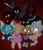 Size: 1024x1189 | Tagged: safe, artist:squipycheetah, cozy glow, lord tirek, queen chrysalis, centaur, changeling, changeling queen, gem (race), human, pegasus, pony, taur, g4, season 9, aquamarine (gemstone), aquamarine (steven universe), artificial wings, augmented, baby doll, batman the animated series, bluebird azurite (steven universe), cats don't dance, child, crossed legs, crossover, darla dimple, evil, evil smile, eyeball ruby, female, former queen chrysalis, fusion, fusion gemadox, fusion paradox, gem, gem fusion, glowing eyes, gradient background, grin, hydrokinesis, ice cutlass, legion of doom, magic, magic wings, male, mary dahl, red background, ruby, self gemadox, self paradox, show accurate, simple background, smiling, smirk, spoilers for another series, steven universe, steven universe future, sword, water, watery wings, weapon, wings