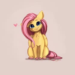 Size: 4000x4000 | Tagged: safe, artist:miokomata, fluttershy, pegasus, pony, g4, chest fluff, colored hooves, cute, female, floppy ears, freckles, freckleshy, head tilt, heart, looking at you, mare, shyabetes, signature, simple background, sitting
