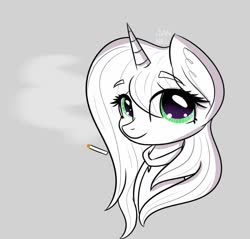 Size: 1080x1034 | Tagged: safe, artist:janelearts, oc, oc only, pony, unicorn, bust, cigarette, cute, gray background, monochrome, ocbetes, simple background, solo