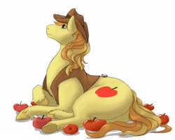 Size: 2560x2049 | Tagged: safe, artist:riala, braeburn, earth pony, pony, g4, apple, butt, chest fluff, clothes, cowboy hat, food, hat, high res, looking up, male, plot, signature, simple background, solo, stallion, underhoof, unshorn fetlocks, vest, white background