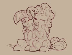 Size: 1507x1150 | Tagged: safe, artist:yoditax, pinkie pie, twilight sparkle, pony, g4, cuddling, cute, duo, eyes closed, female, monochrome, one eye closed, simple background, sitting, sketch, smiling