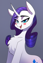 Size: 2480x3580 | Tagged: safe, artist:underpable, rarity, pony, unicorn, bedroom eyes, blush sticker, blushing, chest fluff, curved horn, eye clipping through hair, eyebrows, eyebrows visible through hair, female, gradient background, high res, horn, looking at you, mare, open mouth, open smile, smiling, smiling at you, solo