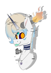 Size: 1404x1983 | Tagged: safe, artist:chazmazda, oc, oc only, oc:atlas, pony, blue eyes, bust, bust shot, colored, commission, commissions open, digital art, error, fangs, fire, flat colors, floral necklace, glitch, gradient horn, gradient mane, head shot, horn, horns, jewelry, league of legends, markings, name, necklace, orange eyes, ponysona, simple background, solo, sona, teeth, third eye, tongue out, transparent background, two tongues