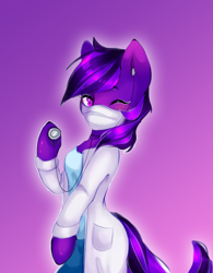 Size: 1620x2072 | Tagged: safe, artist:alsafi, oc, oc only, oc:kioshka, earth pony, pony, semi-anthro, arm hooves, clothes, doctor, one eye closed, solo, standing, suit