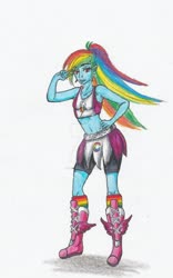 Size: 1280x2051 | Tagged: safe, artist:enferphenix, rainbow dash, equestria girls, g4, boxing boots, boxing shoes, boxing skirt, clothes, compression shorts, cycling shorts, exeron fighters, exeron outfit, female, ponytail, rainbow socks, skirt, socks, solo, sports bra, striped socks, traditional art