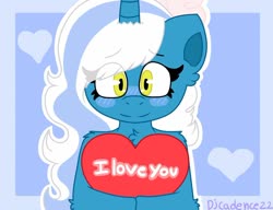 Size: 1280x985 | Tagged: safe, artist:djcadence22, oc, oc:fleurbelle, alicorn, pony, alicorn oc, blue background, blushing, bow, chest fluff, female, hair bow, heart, holding, horn, mare, simple background, smiling, yellow eyes