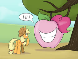 Size: 1600x1200 | Tagged: safe, artist:mew-me, idw, applejack, pinkie pie, earth pony, pony, g4, spoiler:comic, spoiler:comic32, apple, apple pinkie, applebutt, applejack's hat, butt, confused, cowboy hat, duo, emanata, female, food, freckles, giant apple, grin, hat, plot, raised hoof, shocked, smiling, species swap, sweat, sweatdrops, tree, wide eyes
