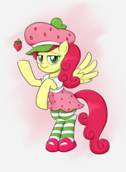 Size: 1100x1500 | Tagged: safe, artist:mew-me, strawberry sunrise, pegasus, pony, g4, clothes, cosplay, costume, crossover, cute, female, food, fruit, mare, skirt, socks, solo, strawberry, strawberry shortcake, strawberry shortcake (character), striped socks