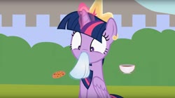 Size: 1670x934 | Tagged: safe, artist:forgalorga, twilight sparkle, alicorn, pony, g4, cookie, crown, female, food, jewelry, magic, magic aura, mare, napkin, regalia, solo, tea, telekinesis, twilight sparkle (alicorn)