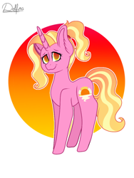 Size: 768x1024 | Tagged: safe, artist:delfinaluther, luster dawn, pony, unicorn, g4, abstract background, cute, eyebrows, fanart, female, grin, looking at you, lusterbetes, ponytail, signature, smiling, smiling at you, solo