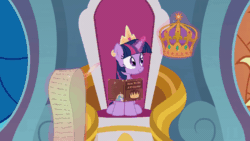 Size: 800x450 | Tagged: safe, artist:forgalorga, twilight sparkle, alicorn, pony, g4, the last problem, animated, annoyed, book, crown, female, frown, gif, impossibly large hat, jewelry, magic, regalia, scroll, smiling, solo, teleportation, throne, throne room, twilight sparkle (alicorn)