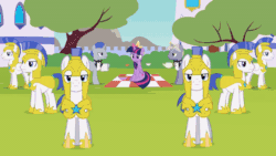 Size: 800x450 | Tagged: safe, artist:forgalorga, twilight sparkle, alicorn, earth pony, pony, unicorn, g4, the last problem, :3, animated, annoyed, armor, building, cookie, crown, cup, female, food, jewelry, magic, outdoors, perfect loop, picnic blanket, regalia, royal guard, royal guard armor, smiling, tea, teacup, teapot, telekinesis, tree, twilight sparkle (alicorn), twilight sparkle is not amused, unamused, waiter
