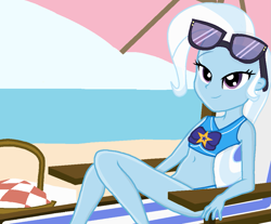 Size: 1051x872 | Tagged: safe, artist:darkplayerferraz269, artist:grapefruitface1, derpibooru exclusive, trixie, equestria girls, equestria girls series, forgotten friendship, g4, base used, beach, belly button, clothes, female, relaxing, show accurate, solo, sunglasses, swimsuit, trixie's beach shorts swimsuit